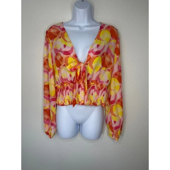 NY&C Tie Front Blouse Top Large Pink Yellow Orange Geometric Print Long Sleeve - Picture 1 of 6